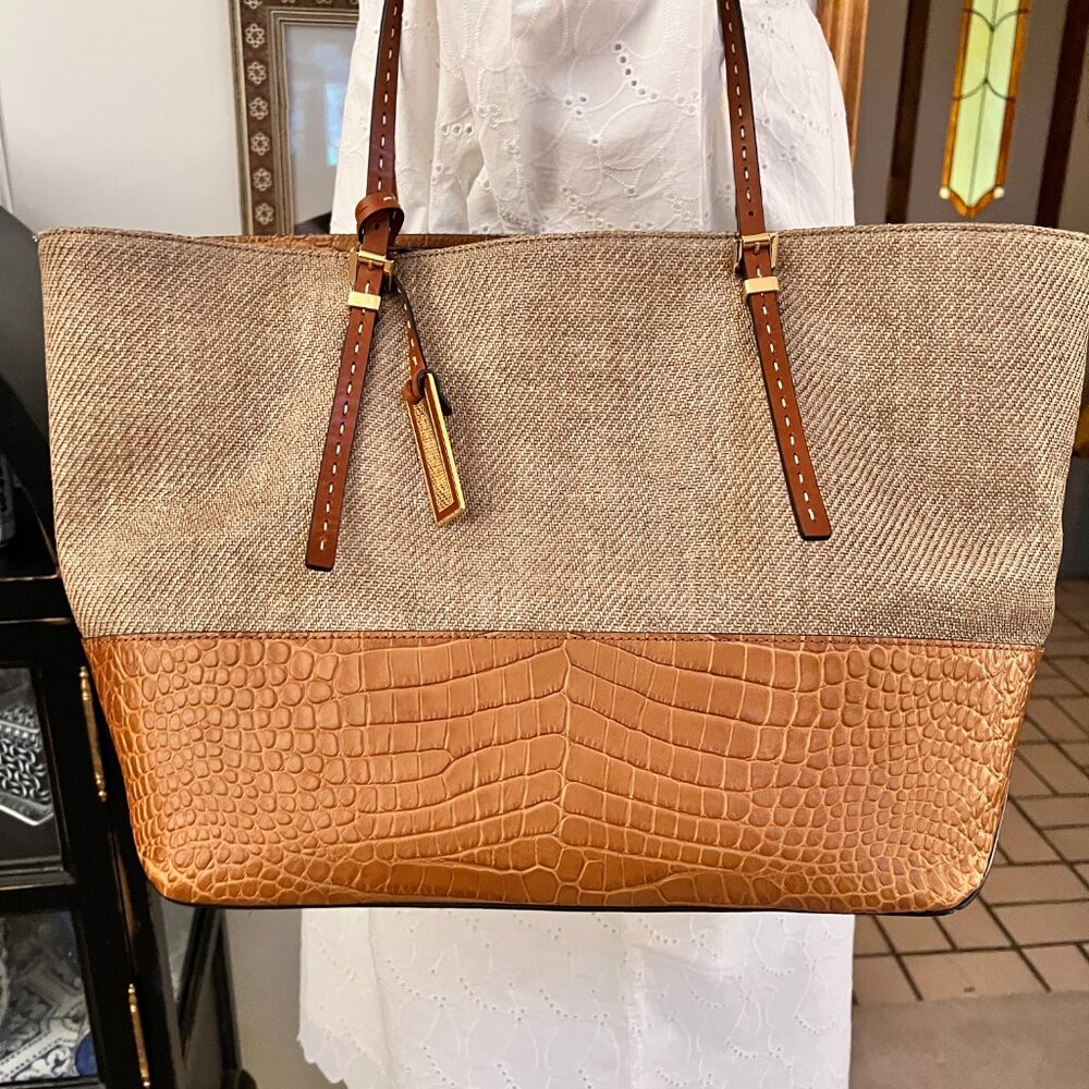 Michael Kors Collection luxury line Gia Tote Calf leather and linen/raffia blend